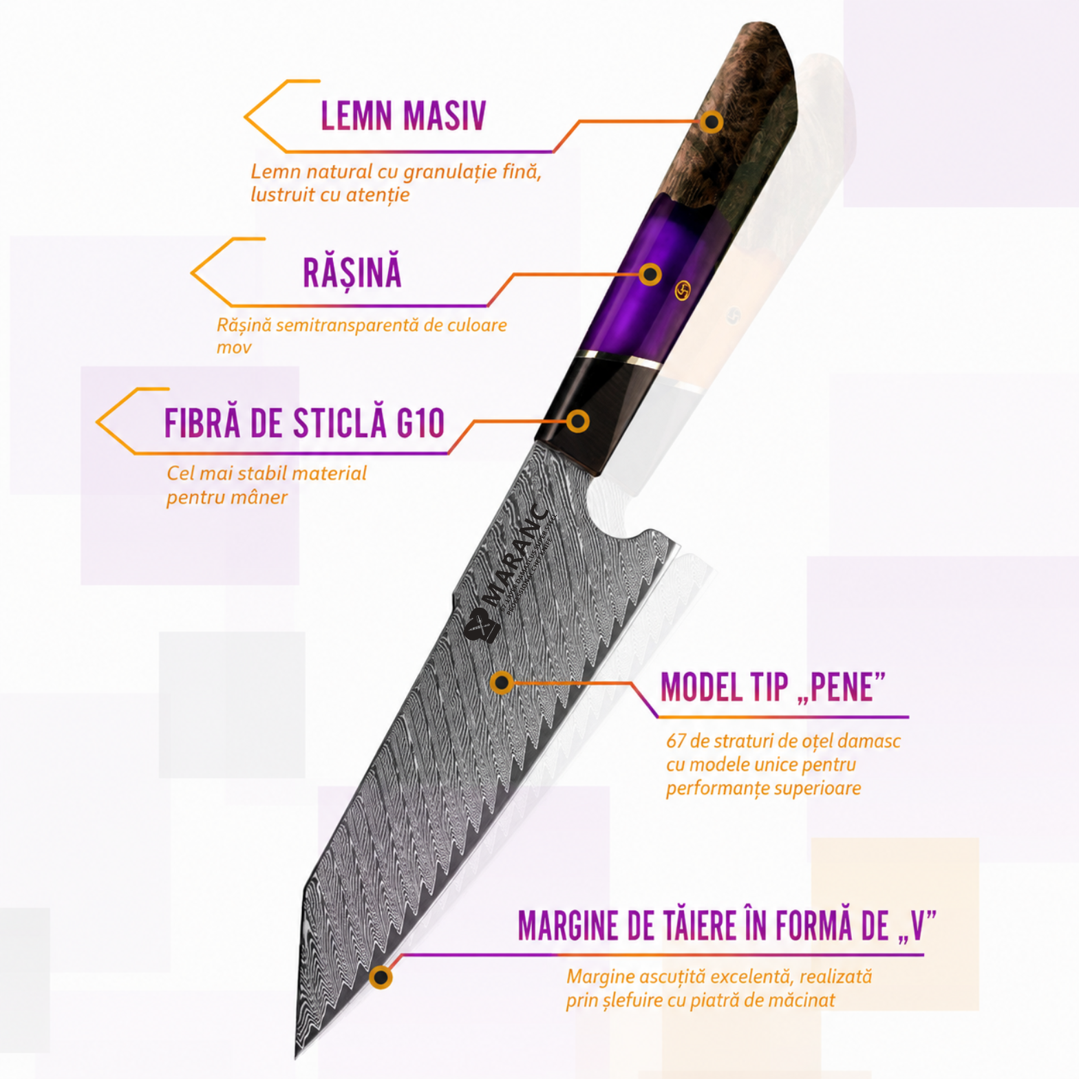 Cutitul bucatarului profesional Maranc, otel de damasc, 18 cm, M360