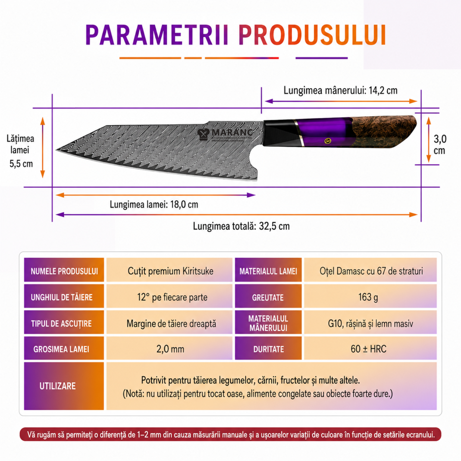 Cutitul bucatarului profesional Maranc, otel de damasc, 18 cm, M360