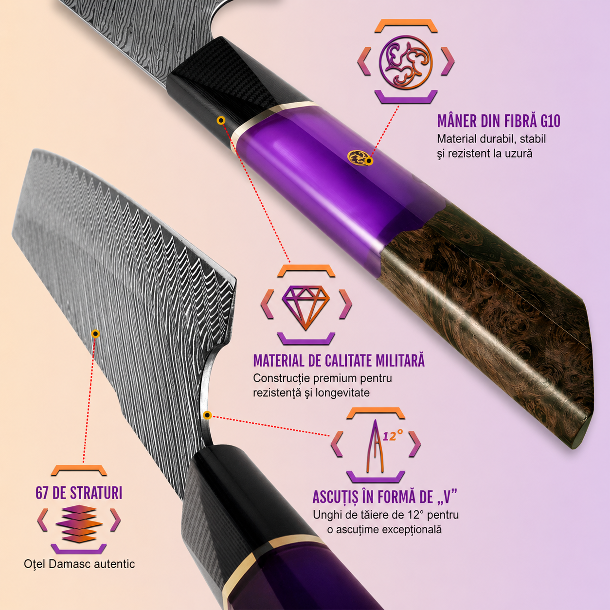 Cutitul bucatarului profesional Maranc, otel de damasc, 18 cm, M360