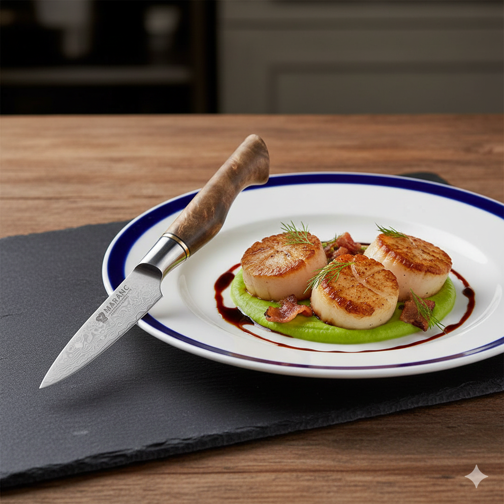 Cutit decojit profesional Maranc, otel de damasc, 9 cm, M172