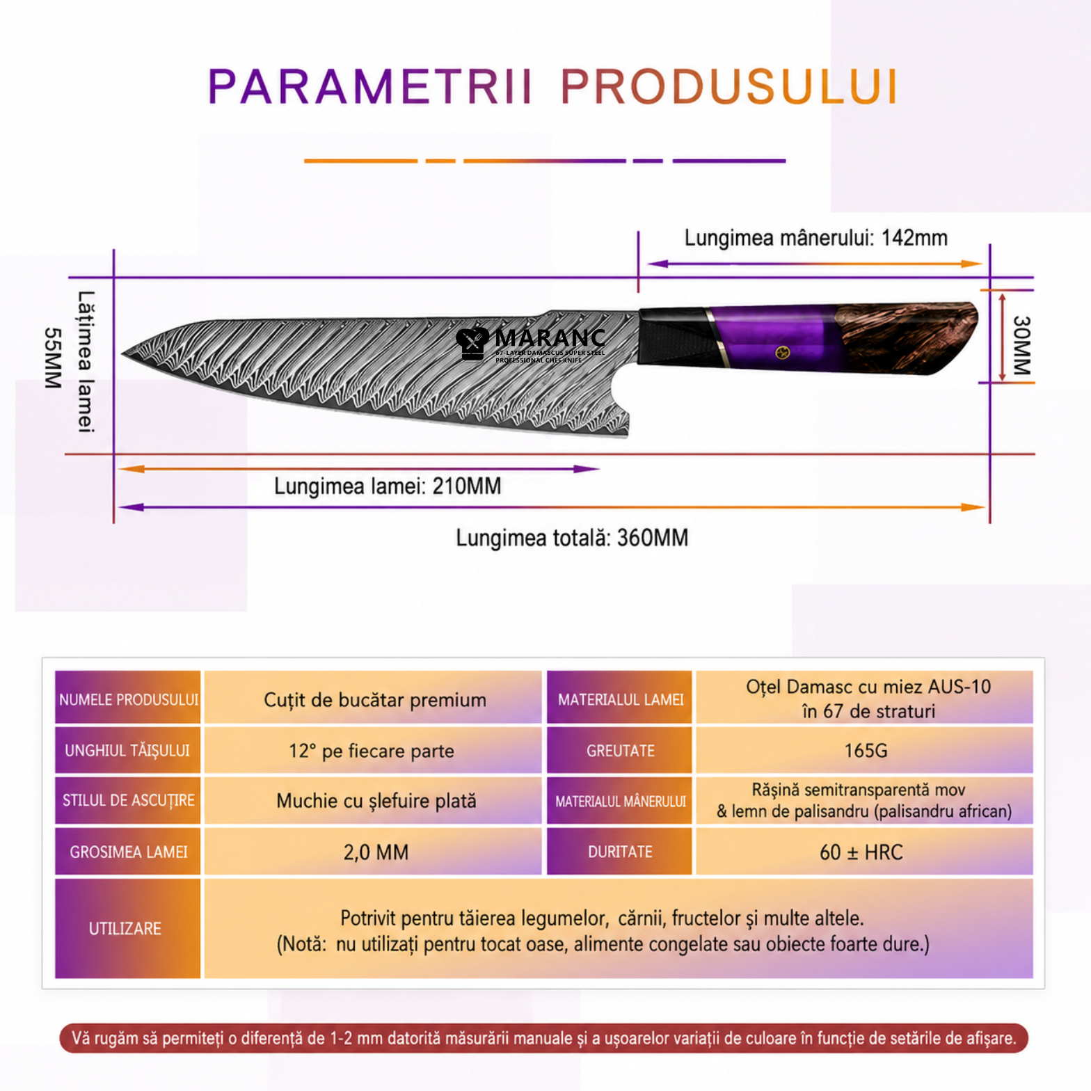 Cutit bucatar profesional Maranc, otel damasc, 21 cm, M402