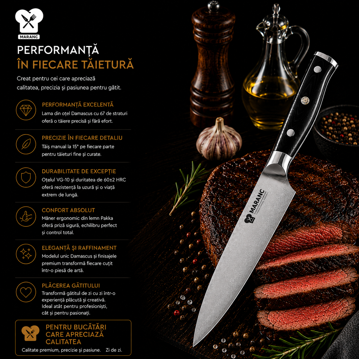 Cutit bucatar profesional Maranc, otel damasc, 20 cm, M367