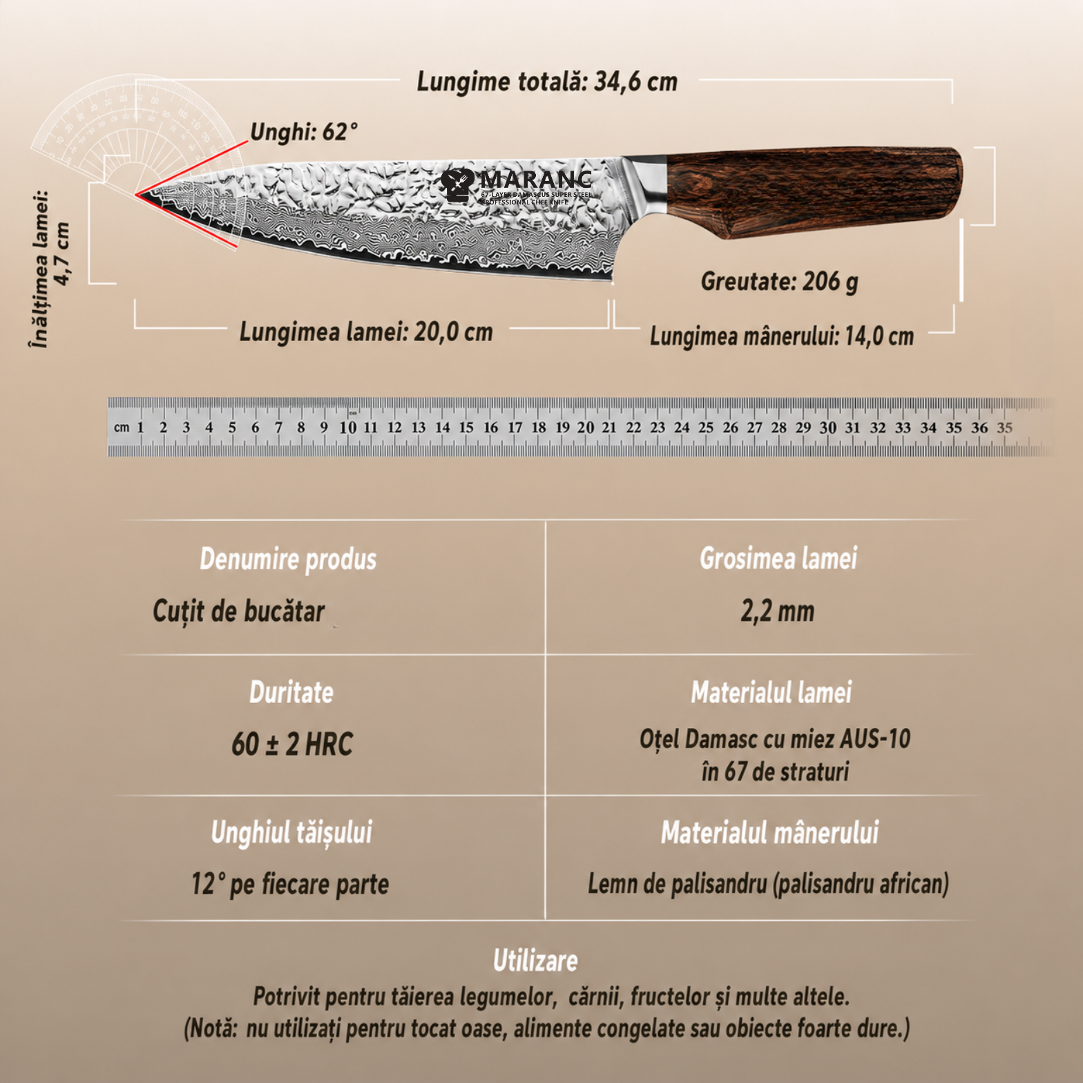 Cutitul bucatarului profesional Maranc, otel de damasc, 20 cm, M361