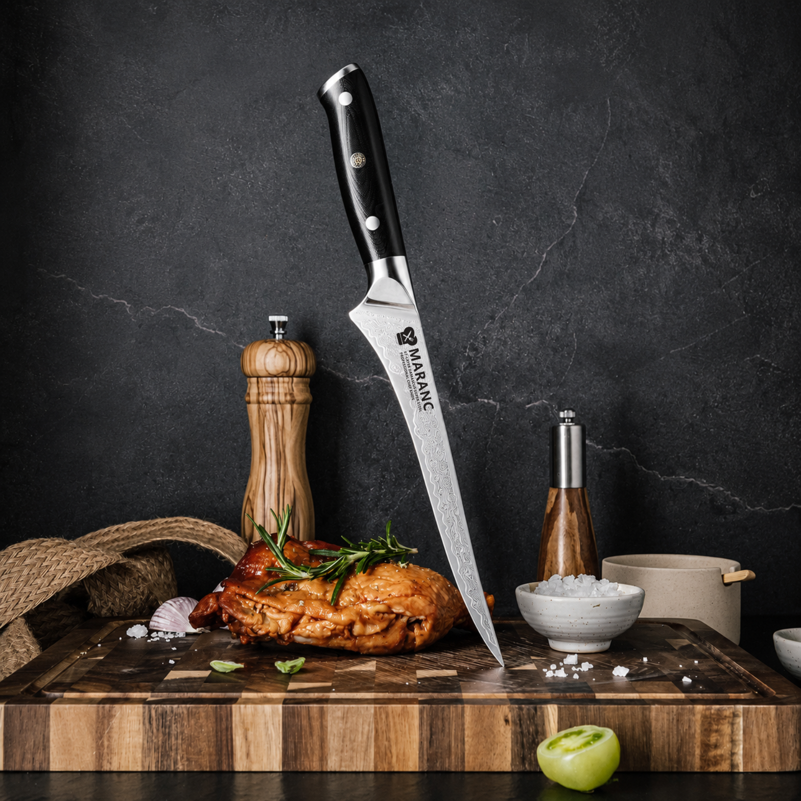 Cutit filetat profesional Maranc, otel de damasc, 19 cm, M370